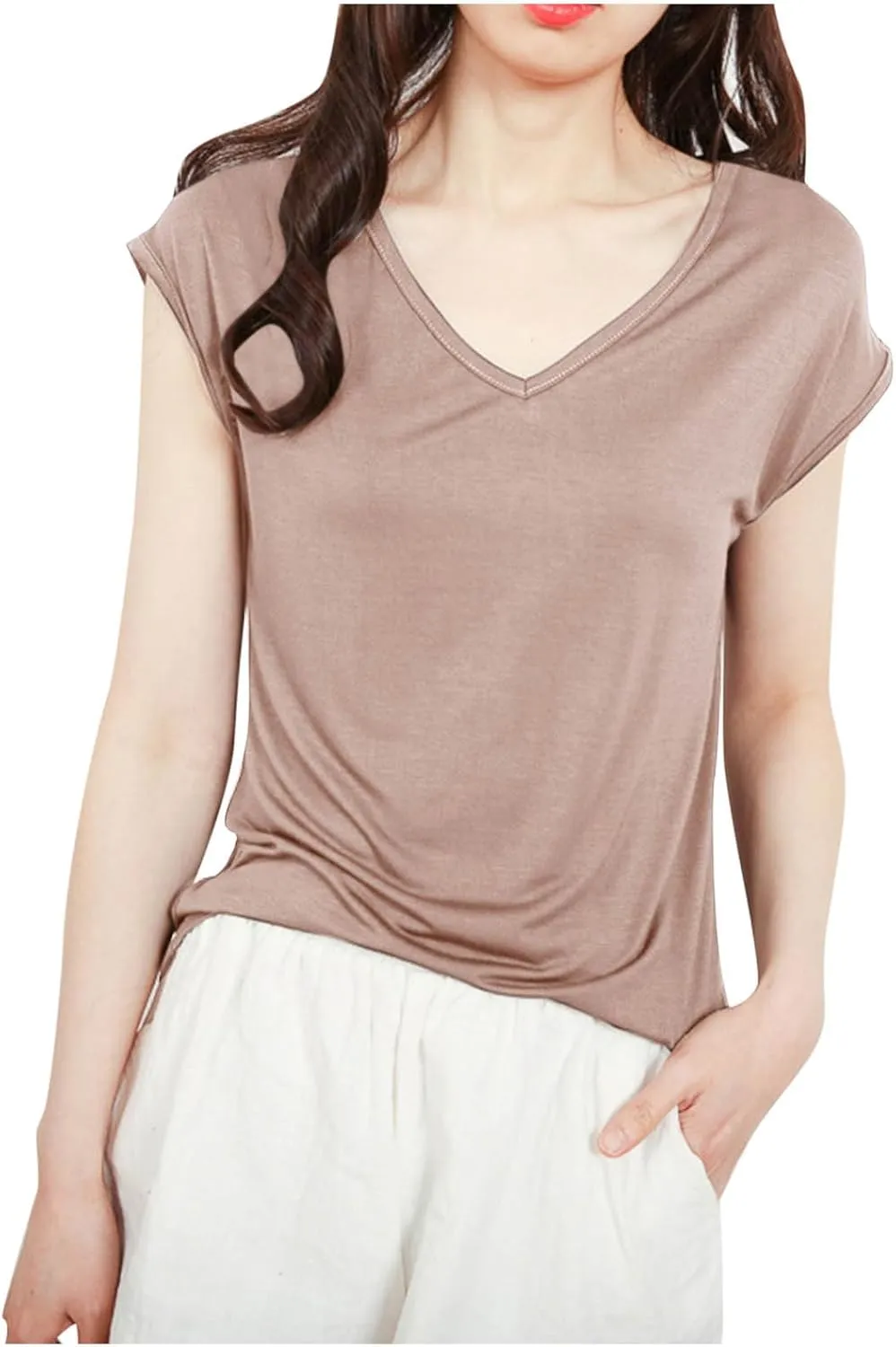 Womens Modal Tops Cap Sleeve V Neck T Shirt Ruched Slim Fit Basic Tees Lightweight Casual Summer Sleep Lounge Shirt