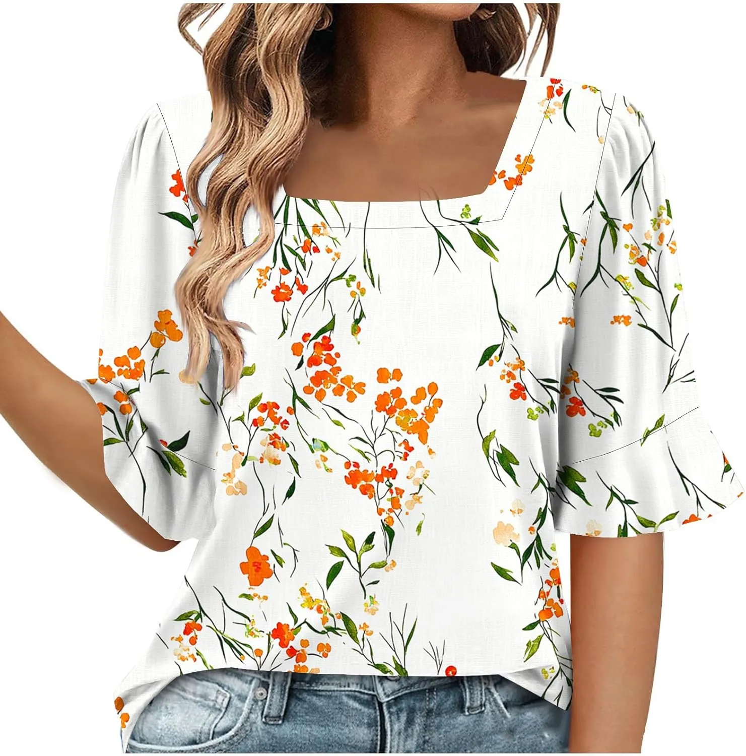 Women's Short Sleeve Shirts Square Neck Summer Tops Dressy Casual Basic Tees Ladies Loose Flowy T Shirts Blouses