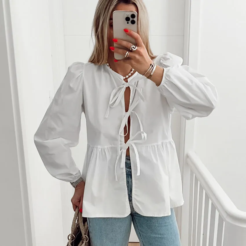 Women's Summer Casual Cotton Bow Tie Long Sleeve Shirt