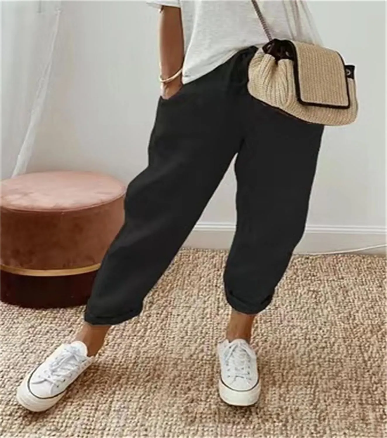 Womens Summer Casual Linen Pants Elastic Waist Relaxed Fit Straight Leg Pants Beach Trousers with Pockets for Women