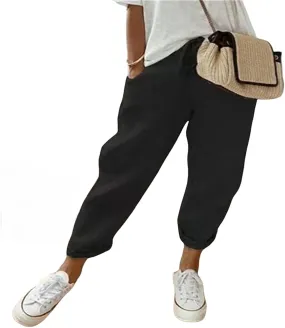 Womens Summer Casual Linen Pants Elastic Waist Relaxed Fit Straight Leg Pants Beach Trousers with Pockets for Women