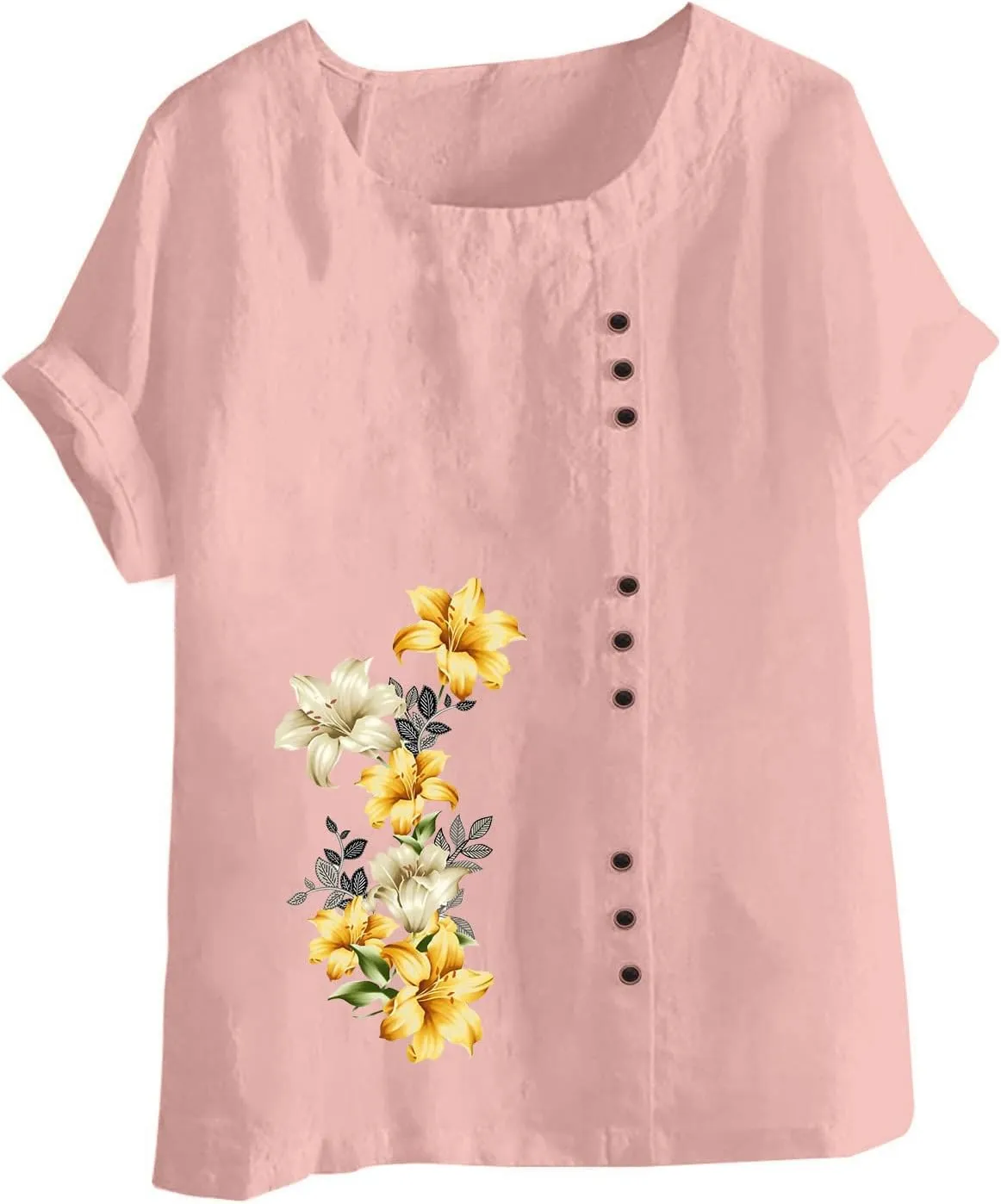 Womens Summer Tops Cotton Blend Crew Neck Short Sleeve Basic Tunic Tee Dandelion Print Vintage Shirts Top Blouse