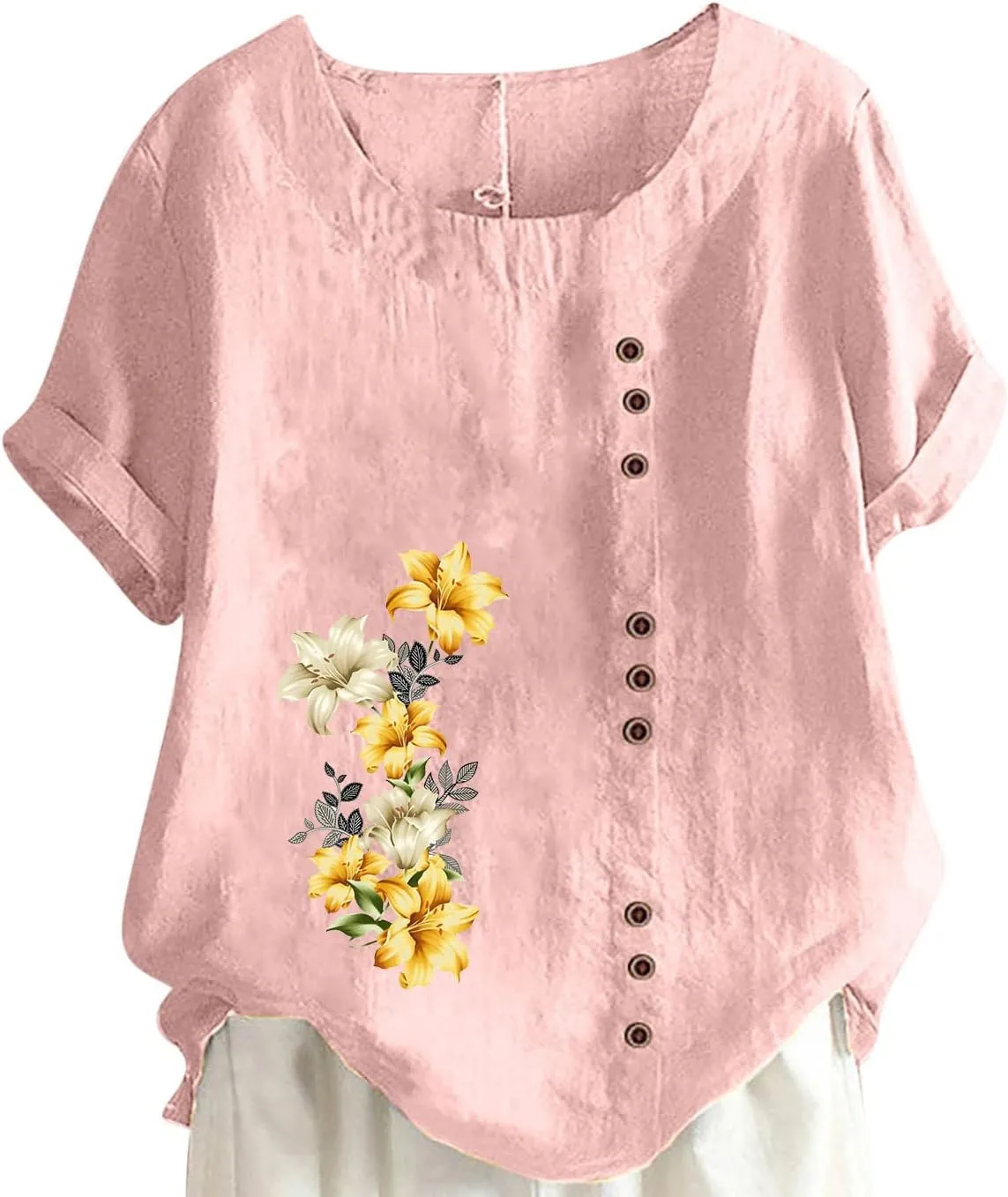 Womens Summer Tops Cotton Blend Crew Neck Short Sleeve Basic Tunic Tee Dandelion Print Vintage Shirts Top Blouse