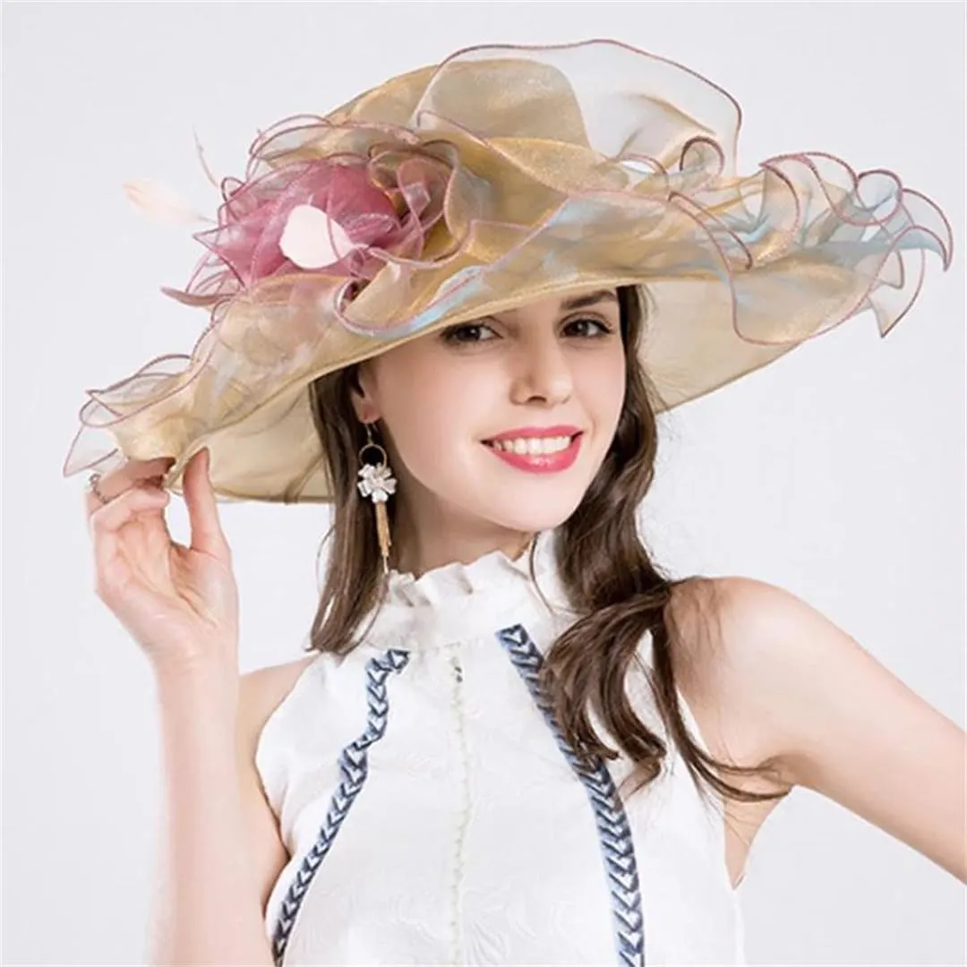 Women's Wide Brim Fedora Summer Organza Sun Hat Elegant Flower Charming Hat
