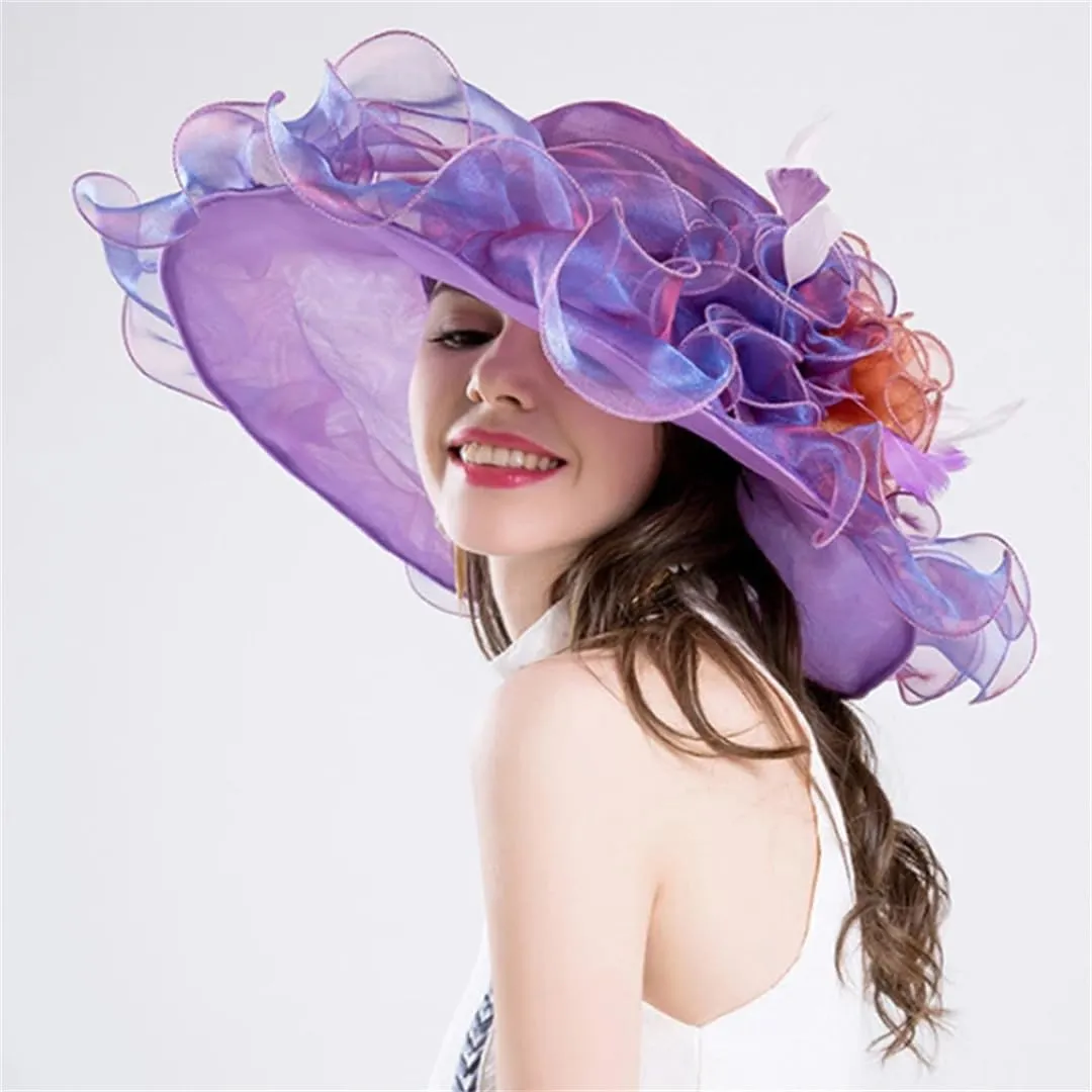 Women's Wide Brim Fedora Summer Organza Sun Hat Elegant Flower Charming Hat