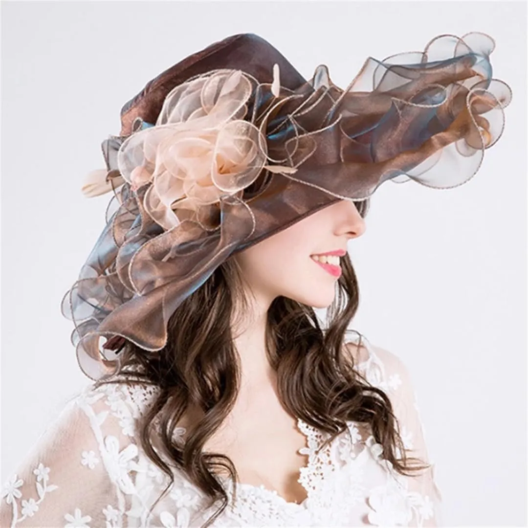 Women's Wide Brim Fedora Summer Organza Sun Hat Elegant Flower Charming Hat