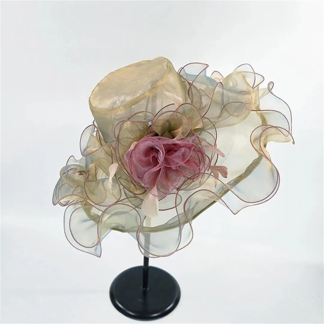 Women's Wide Brim Fedora Summer Organza Sun Hat Elegant Flower Charming Hat