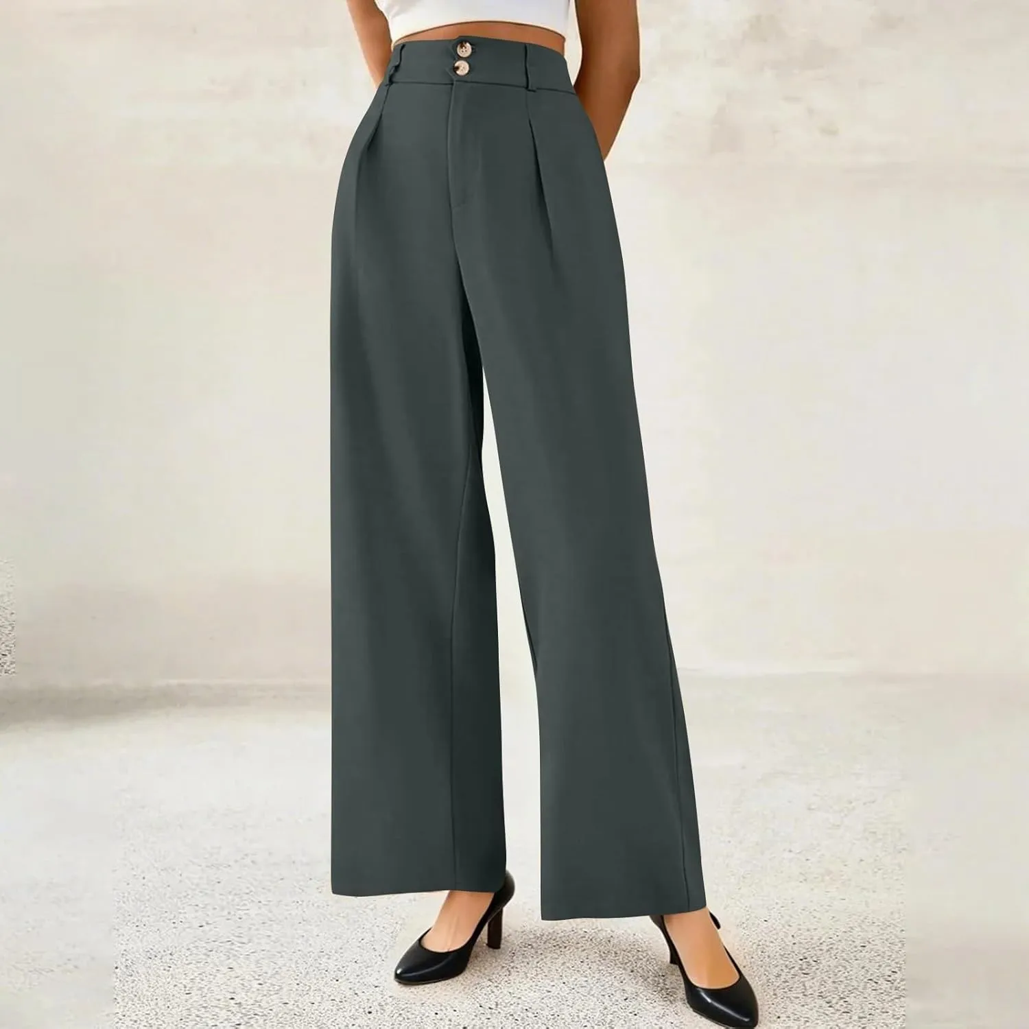 Womens Wide Leg Dress Pants Stretchy Palazzo Pants Business High Elastic Waisted Button Long Trousers