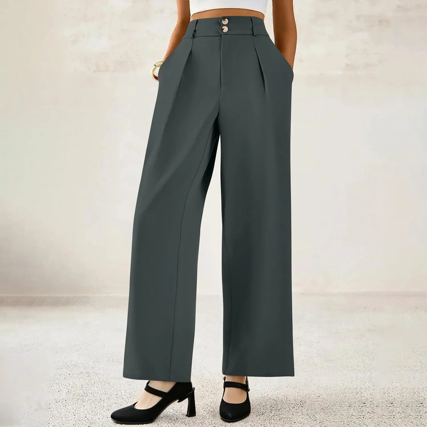 Womens Wide Leg Dress Pants Stretchy Palazzo Pants Business High Elastic Waisted Button Long Trousers