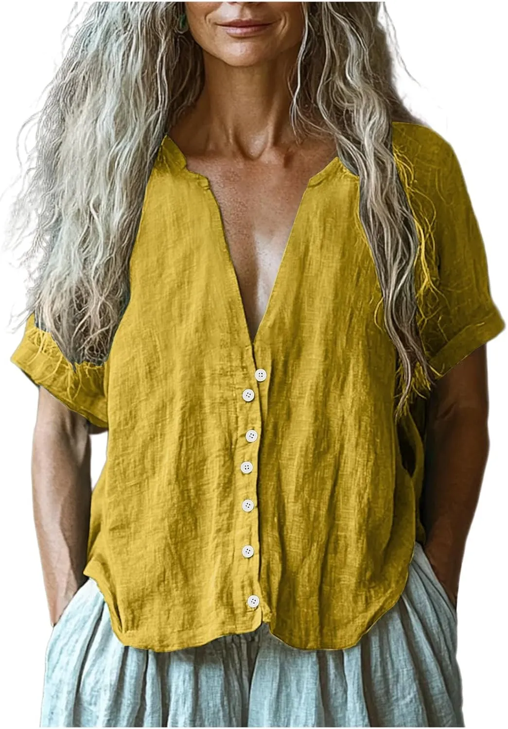 Xiaojmake Women 100% Linen Hawaiian Shirt Casual Short Sleeve Button Down Cotton Gauze Shirts Casual Beach Yoga Tunic Blouses